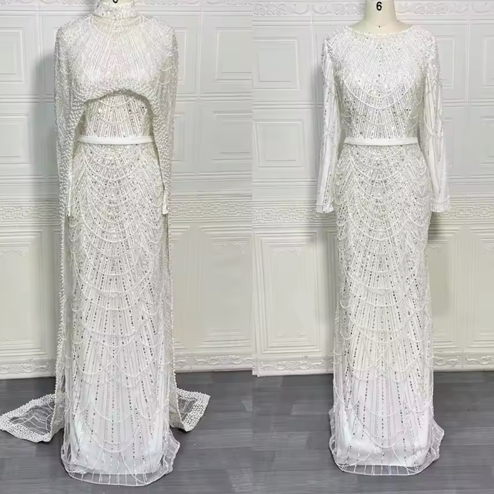 Dubai Arabia  Nude Mermaid  Long  Cape Luxury Evening Dresses Gowns - Picture 10 of 13